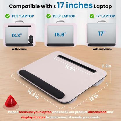 Lap Desk, Portable Lap Desks Fits Up to 16'' Laptop with Pillow Cushion Laptop Desk with Wrist Rest Lap Stand with Tablet or Phone Storage Slot for Bed Couch Carpet Home Office Livingroom (Pink)