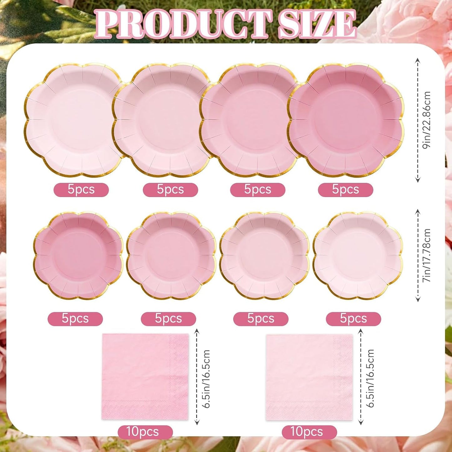 Pink Plates and Napkins Party Supplies for 20 Guests, Pink Scalloped Paper Plates with Gold Rim, Mother's Day Elegant Disposable Tableware Set for Girls Birthday Baby Shower Tea Party, 60 PCS
