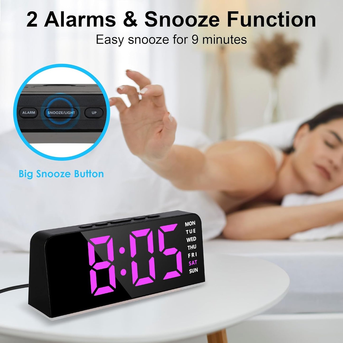Lafocuse Digital Alarm Clock Bedside with Night Light, 6.7" LED Display Digital Clocks Type-C/Battery Powered with Snooze Adjustable Brightness Temperature for Heavy Sleepers Bedroom Office, Pink