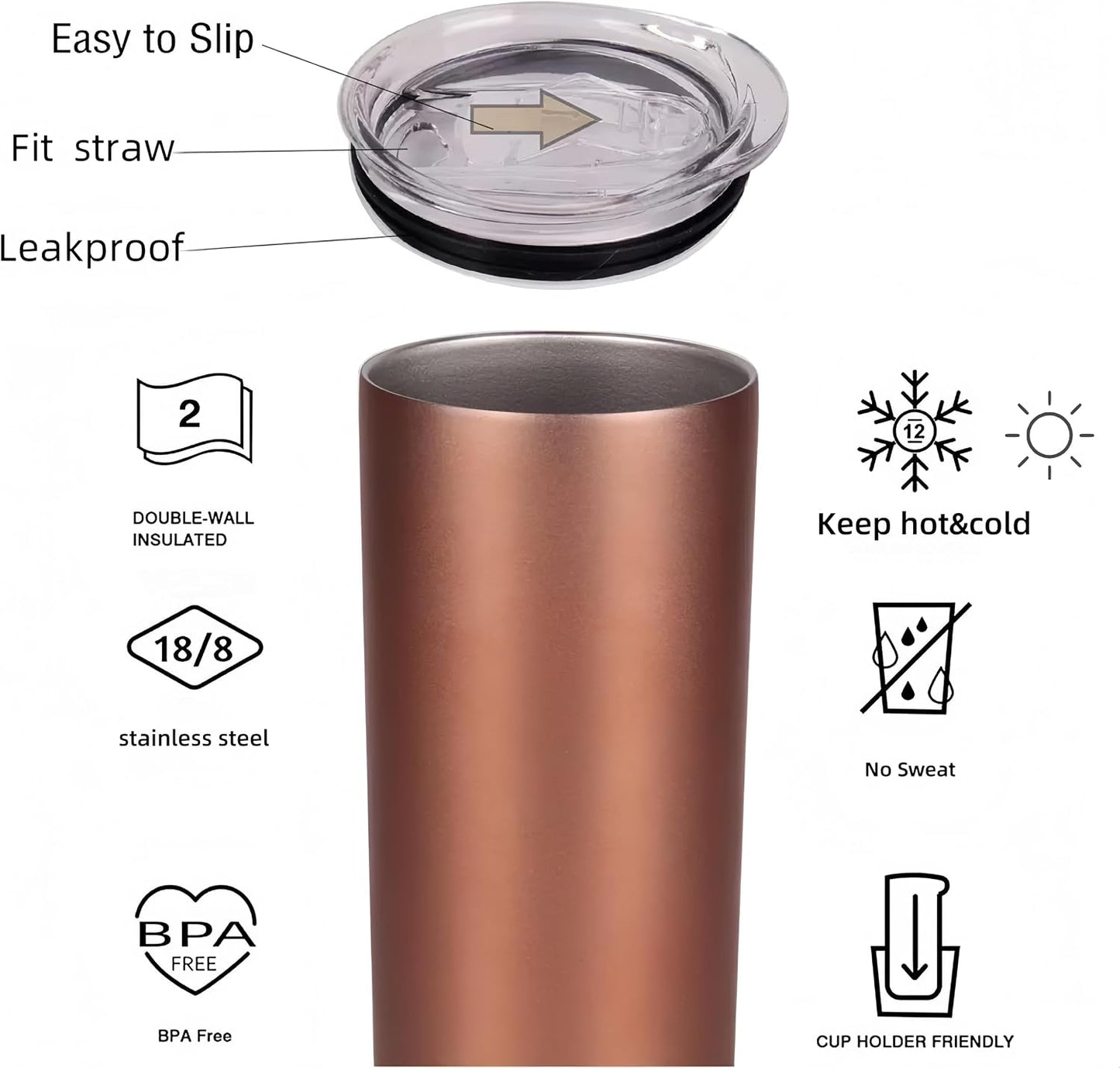 Double Wall 18/8 Stainless Steel Vacuum slim skinny tumbler with straw and lid, insulated travel mug keeping beverage cold and warm (pink, 20oz)