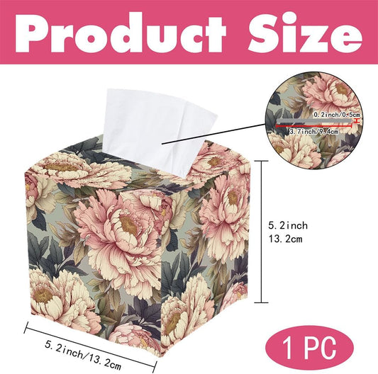 Pink Floral Tissue Box Cover Waterproof Leather Flower Tissue Box Holder Square Vintage Leaves Design Facial Paper Organizer for Desktop Bathroom Car Nightstand Vanity Desk Office Decor