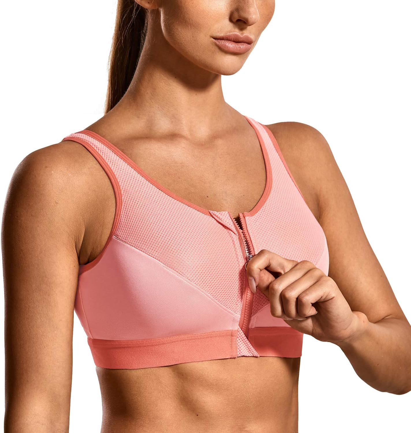 SYROKAN Women's Zip Front High Impact Wireless Racerback High Support Zipper in Front Sports Bra
