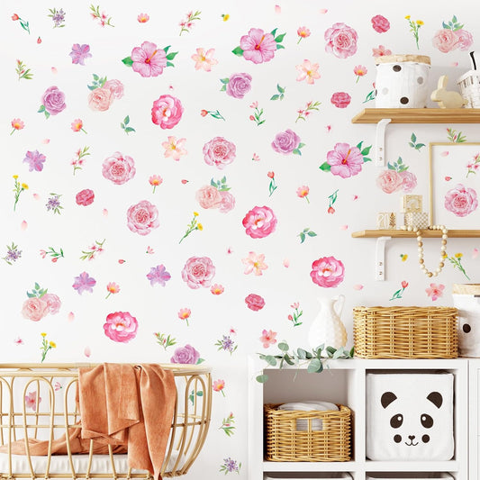 SHUCHING 111Pcs Watercolor Pink Flower Wall Sticker, DIY Peony Wall Decal Peel and Stick, Wall Art Decor for Girl Bedroom Living Room