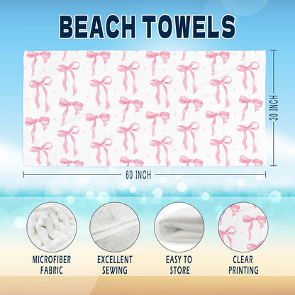 Coquette Preppy Pink Bow Beach Towel - Aesthetic Girly Preppy Ribbon Pool Towels Microfiber Absorb Water Travel Towels 60x30 Inches for Bathroom Kitchen Gym Yoga, Gifts for Girls Lady