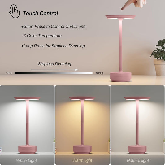 TBBGA 2 Pack Rechargeable Cordless Table Lamps, Portable 5000mAh Outdoor Table Light, 3 Color Stepless Dimming LED Table Lamp with Memory Function, for Home/Dinner/Patio/Restaurant.(Pink)
