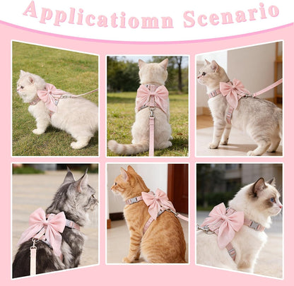 Tensho Pink Bow Cat Harness and Leash Set Escape Proof, Adjustable Kitten Harness with Leash, Bow Tie Cat Harness for Walking Outdoor - Soft Lightweight Harness for Small Dogs Cats Rabbits (S)