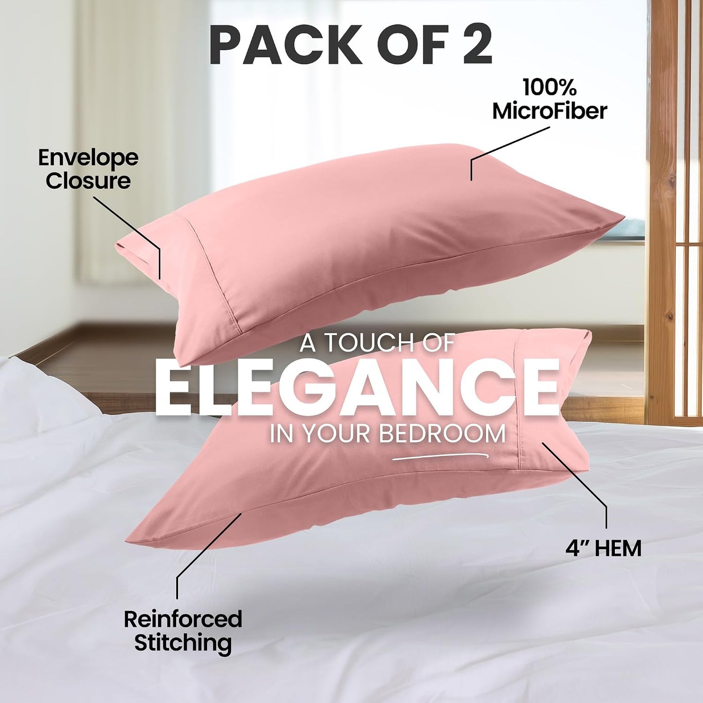 Utopia Bedding Pillow Cases Standard Size 2-Pack – Soft Brushed Microfiber – Envelope Closure – Perfect for Hospitals, Hotels, Guest Rooms – Oeko-TEX Certified, 20x26 Inches (Pink)