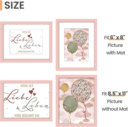upsimples 8.5 By 11 Picture Frame, Display Pictures 6x8 with Mat or 8.5 x 11 Without, Wall Hanging Photo Frames, Pink, 1 Pack