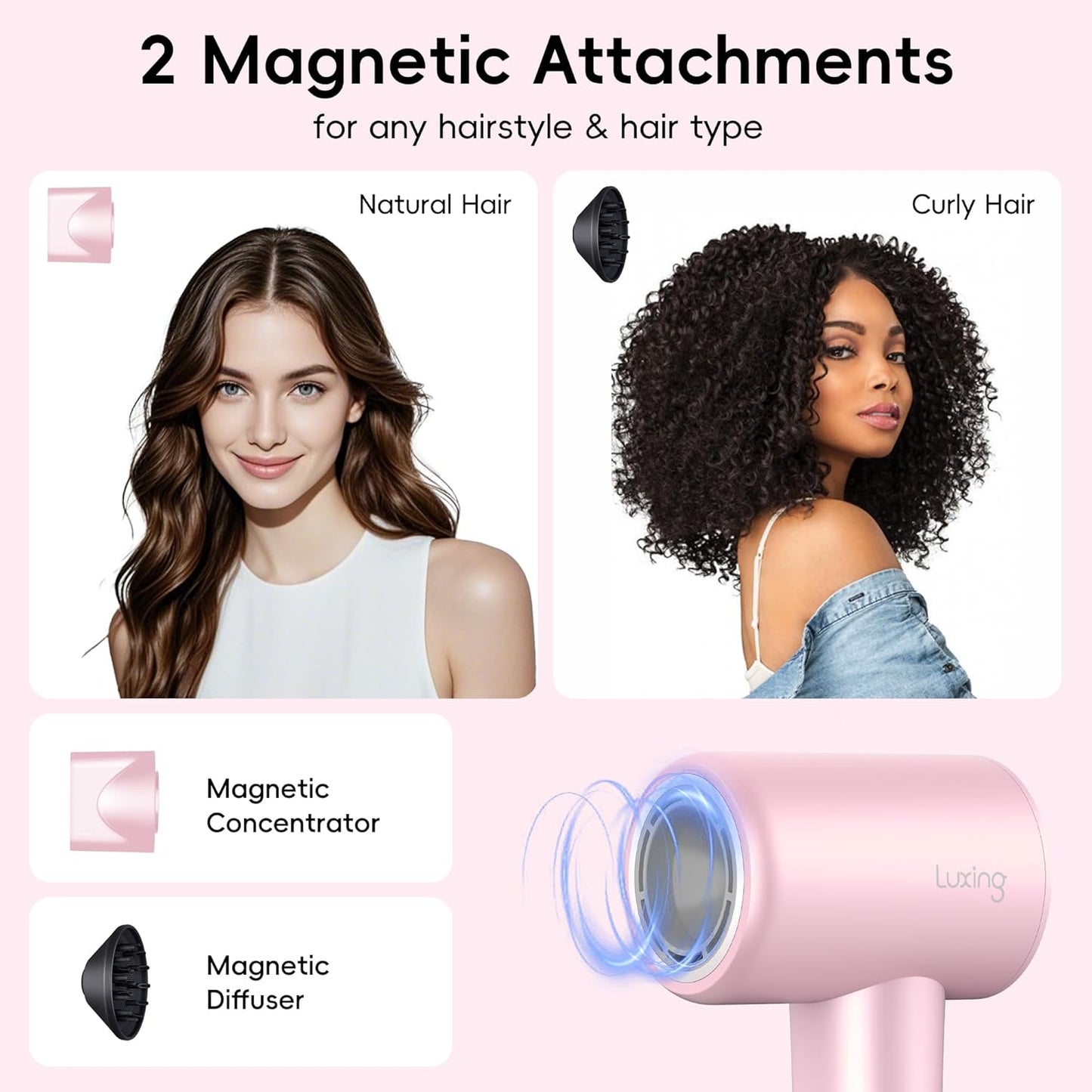 Hair Dryer, TurboLux Ionic 200 Million Negative Ions 1500W Fast Drying High Speed Hairdryer with Diffuser, Lightweight, Low Noise Hair Dryers for Women with 110000 RPM Brushless Motor (Pink)