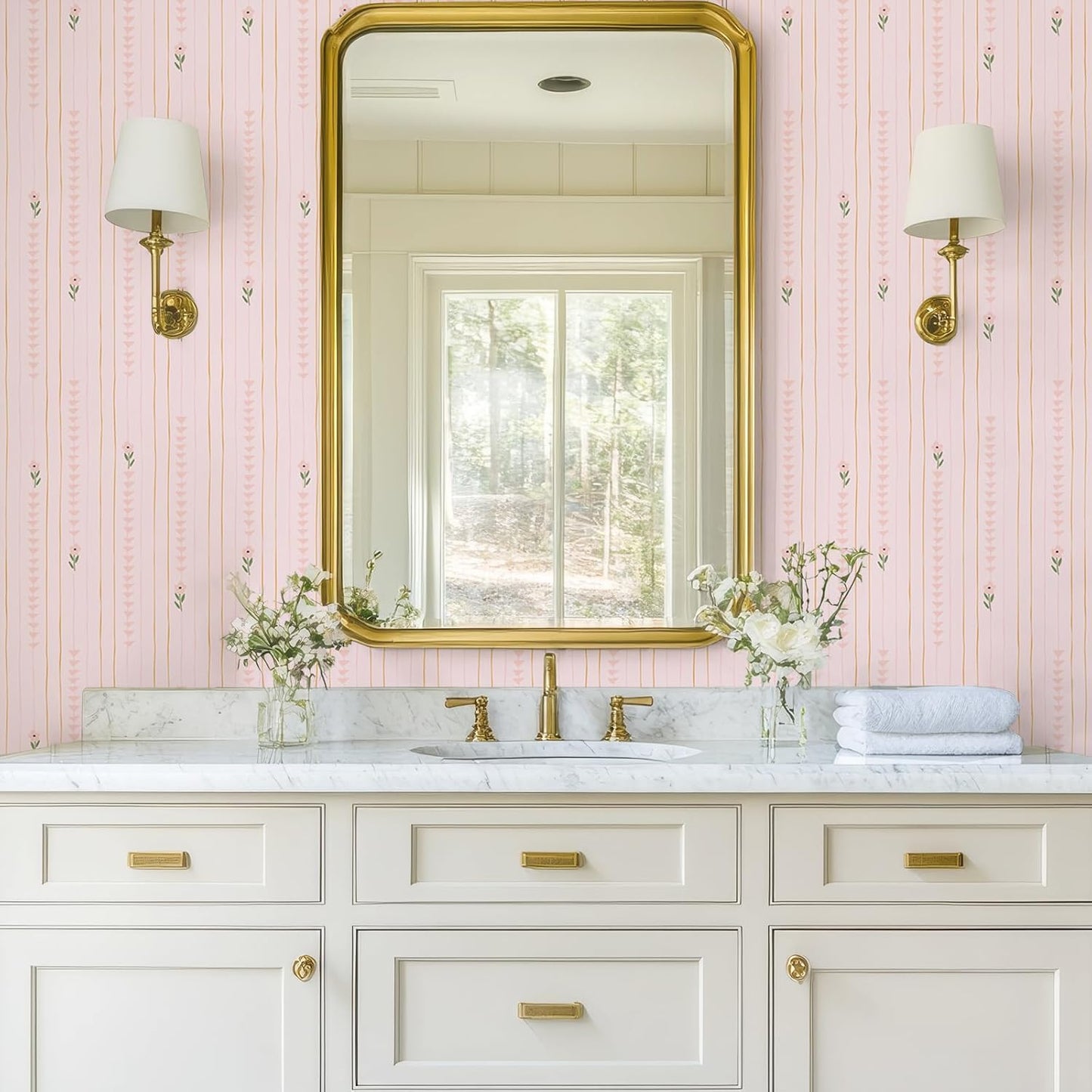 CRE8TIVE Cute Light Pink Floral Peel and Stick Wallpaper for Nursery Girls Bedroom Vertical Stripes Triangles Art Deco Wallpaper Removable Pink Contact Paper for Cabinets Drawers Accent Walls 12"x118"