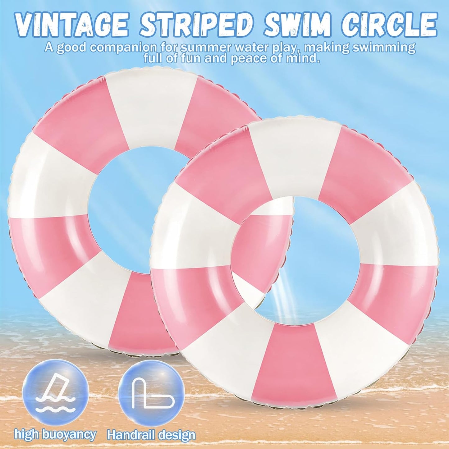 Classic Striped Pool Floats with Handle Inflatable Blue & White Stripes Tubes for Floating Large Swim Rings for Adult Summer Holiday Beach Bachelorette Party