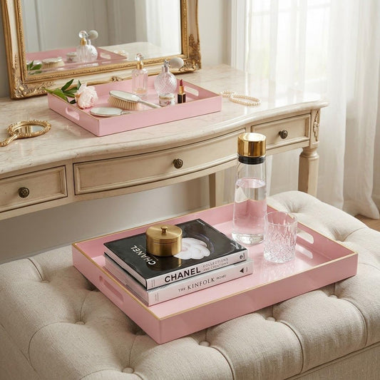 Set of 2 Pink Plastic Decorative Serving Trays with Gold Trim and Handles, 15.8"x11.8" and 13.8"x9.8" Large Rectangular Nesting Ottoman Trays for Coffee Table, Living Room, Kitchen, Bathroom Vanity