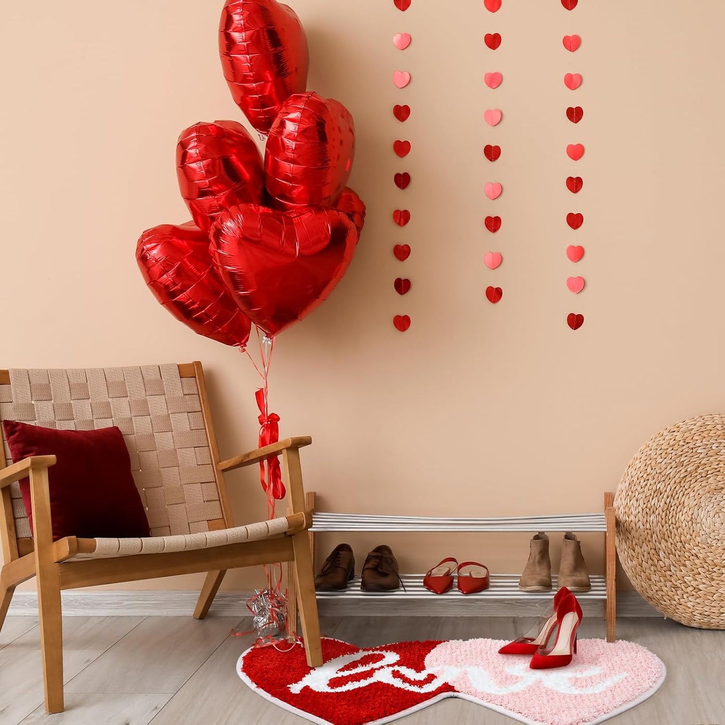 Hoolerry Valentine Heart Rug Double Heart Shaped Rug Decor Non Slip Bathroom Doormat Love Shag Shower Mat Bedroom Living Room Entrance Welcome Floor Decor 15.75 x 31.5 in(Red and Pink)