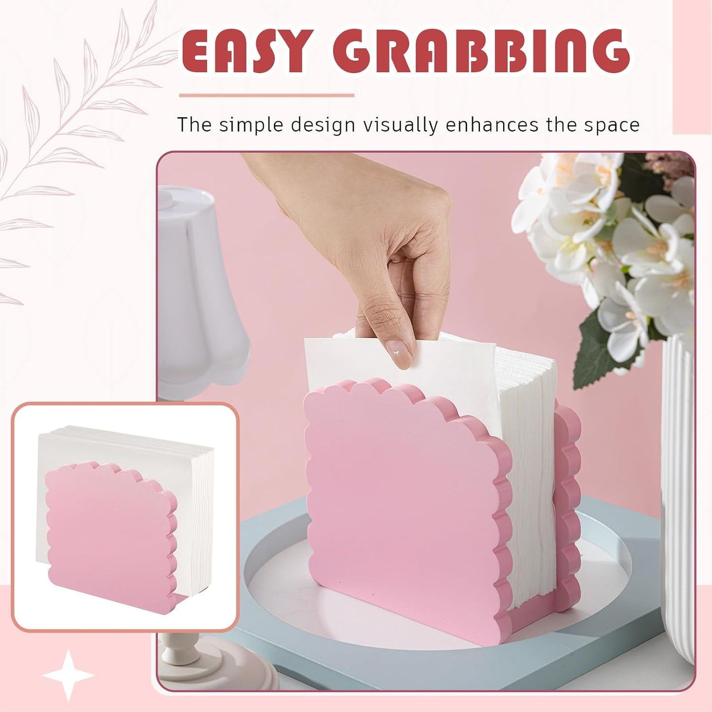 Acacia Wood Napkin Holder Scalloped Upright Napkin Dispenser for Table Rustic Cute Guest Paper Holder for Kitchen Dining Room Wedding Party Restaurant Hotel(No Text,Pink)