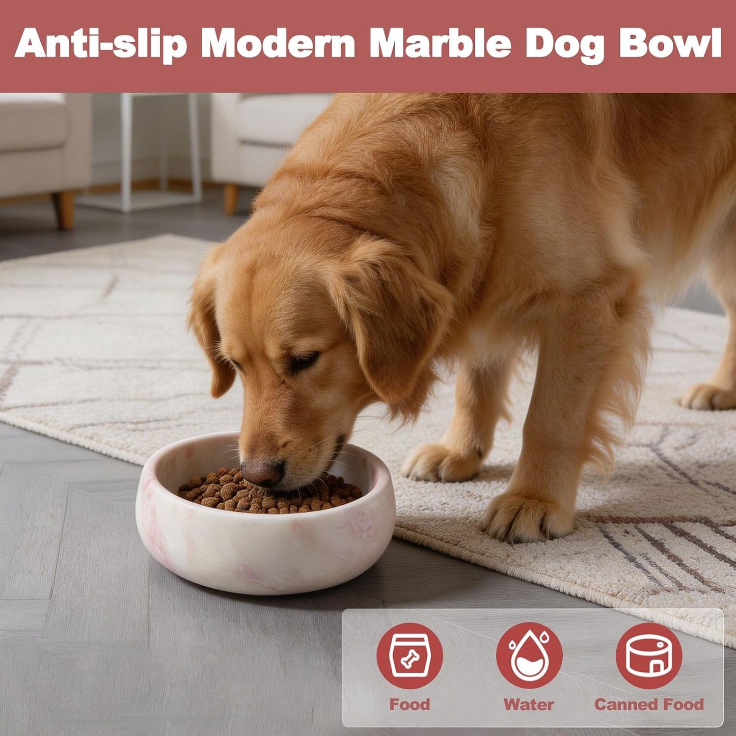 Karibiber Marble Dog Bowl, 5lbs Weighted Dog Food Bowl, Non-Slip Large Heavy Water Bowls, Cute Pink Stone Food and Water Dish for Medium Dogs, Natural Marble, Easy to Clean, Holds 4 Cups