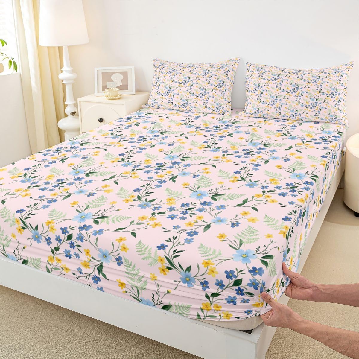 Erosebridal Country Wildflower Sheet Set Queen Peach Pink Floral Bed Sheets for Kids Teens Bohemia Top Sheet Botanical Sheets 3 Pcs