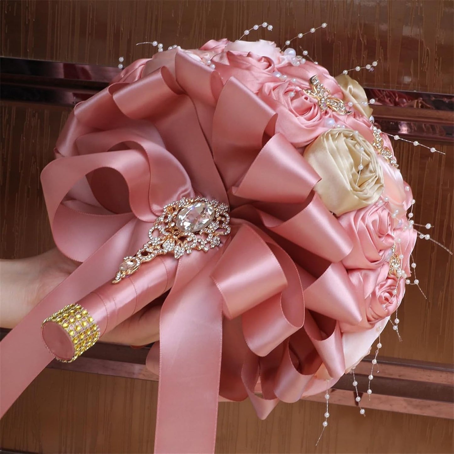 Handmade Rhinestone Bridal Bouquet for Wedding Round Tossing Bouquet Artificial Flower Bunch for Bride Bridesmaid (Champagne+Peach Pink, Small (Dia. 7.5"/18cm))