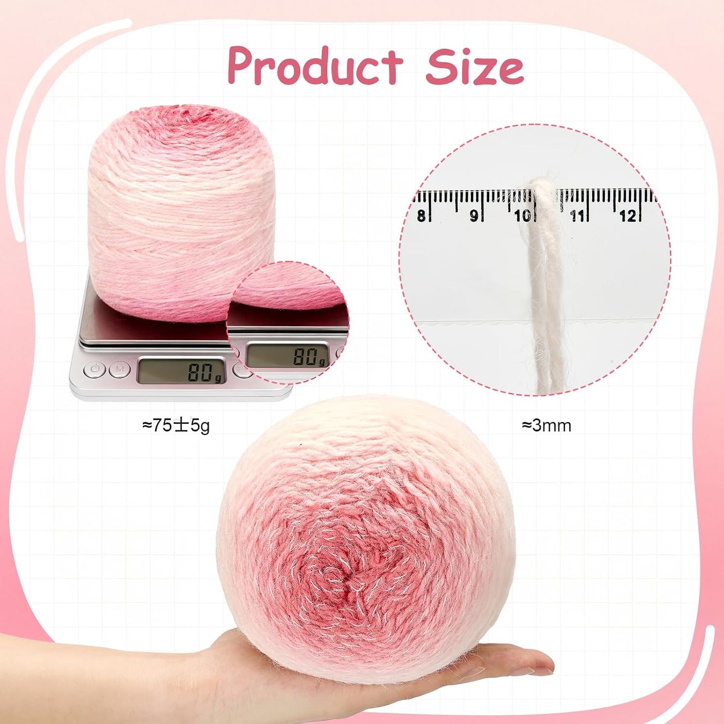 3 Pack Ombre Yarn for Crocheting, 80g/2.65oz Fluffy Soft Acrylic Gradient Yarn Cakes, #4mm Hook, Large Cloud Feel Yarn for Beginner Knitting, Star Blanket, Scarf, Shawl Garment DIY Crafts (Pink)