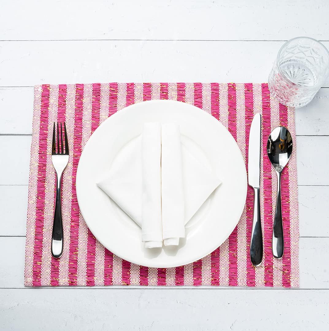 Restaurantware 16 x 12 Inch Dining Table Placemats Set Of 6 Rectangle Kitchen Table Mats - Pink Stripes Easy To Clean Pink Plastic Striped Placemats Wipeable Durable