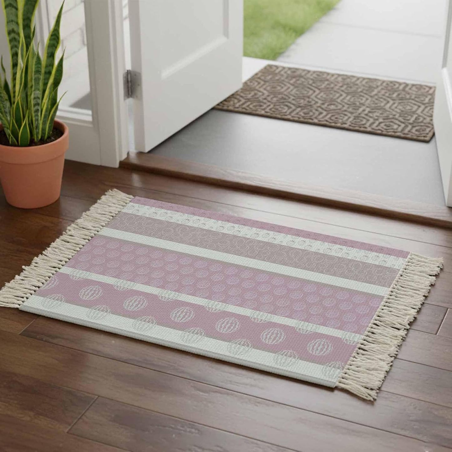 Farm Fruit Runner Rug 2x3 ft Strawberries Peach Watermelon Lemon Pink Striped Washable Hallway Rugs with Tassel, Non Slip Kitchen Runner Carpet for Living Room Bedroom Entryway