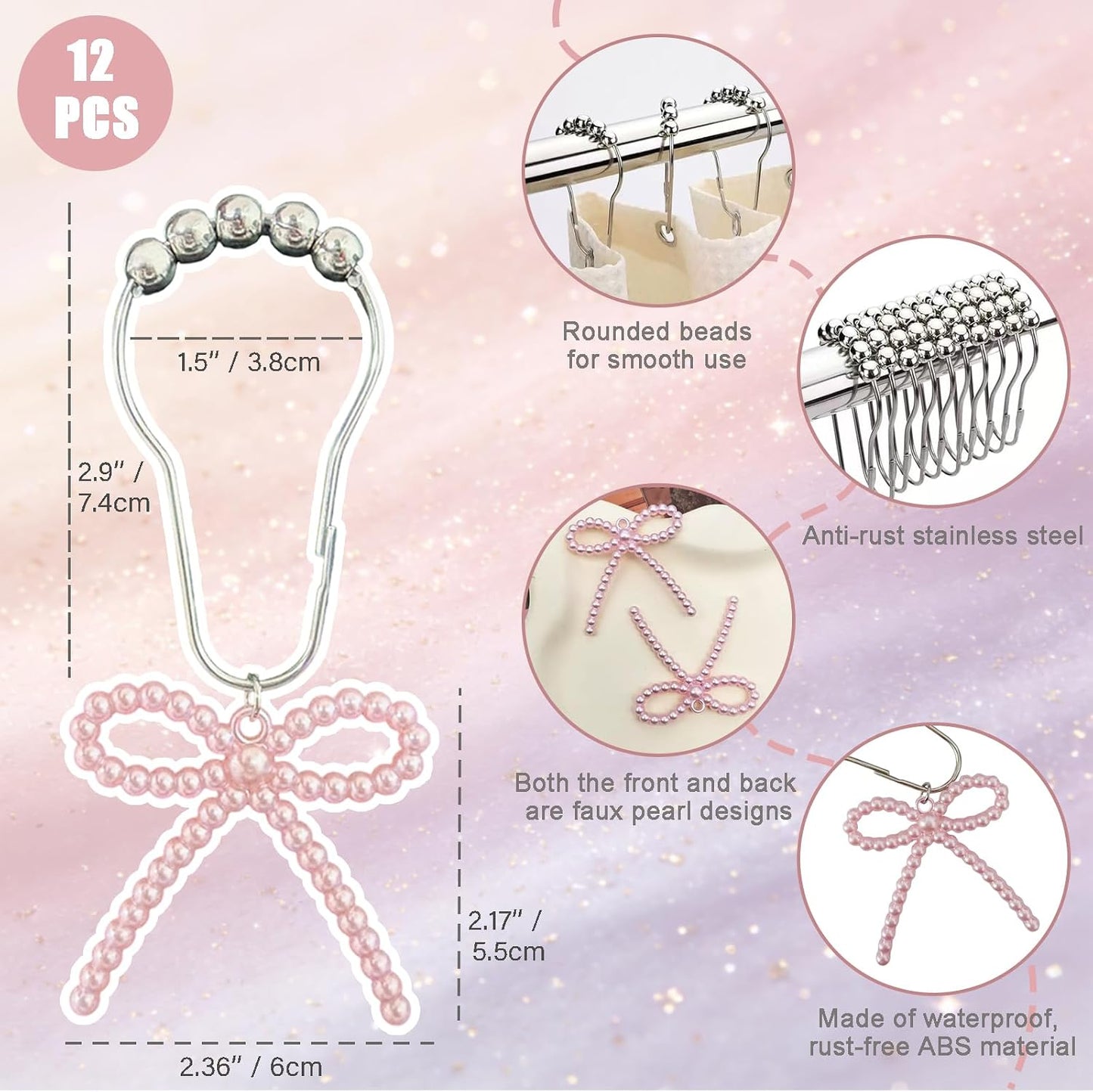 Shower Curtain Hooks Pink, 12 Pack Pink Shower Curtain Hooks with Cute Bow Charms, Cute Shower Hooks Bows for Girl Shower Curtain Decor, Aesthetic Shower Hooks for Bathroom
