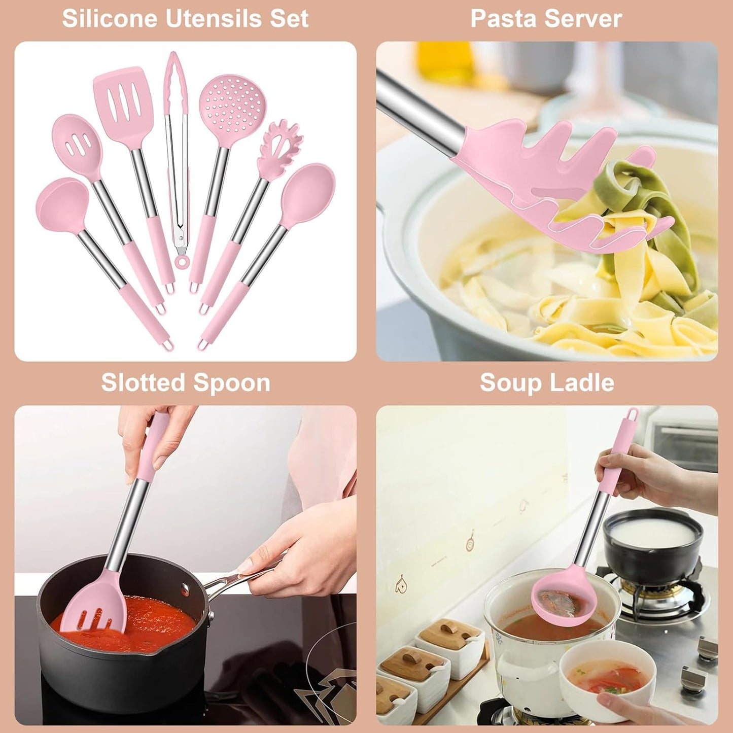 E-far Silicone Cooking Utensils Set, 7 Pcs Heat Resistant Kitchen Utensils with Stainless Steel Handle, Slotted Turner, Spoon, Soup Ladle, Pasta Server, Skimmer, Tongs for Nonstick Cookware, Pink