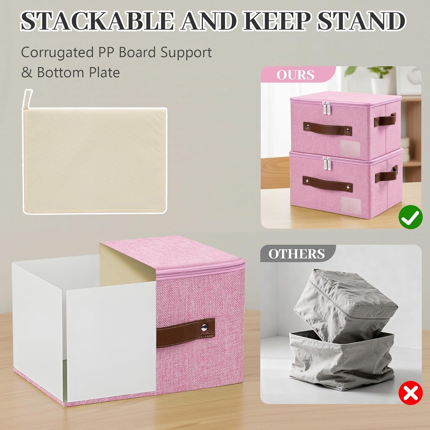 Lucky Monet 3PCS Storage Bins with Zipper Lids 15"x10"x10" Foldable Lidded Fabric Storage Boxes Baskets Cotton Linen Closet Shelf Clothes Organizer with Handles & Label Pocket (Pink, Large)