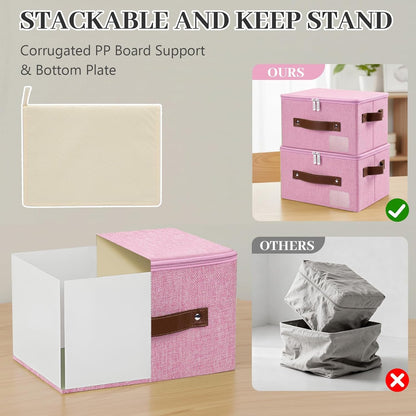 Lucky Monet 3PCS Storage Bins with Zipper Lids 15"x10"x10" Foldable Lidded Fabric Storage Boxes Baskets Cotton Linen Closet Shelf Clothes Organizer with Handles & Label Pocket (Pink, Large)