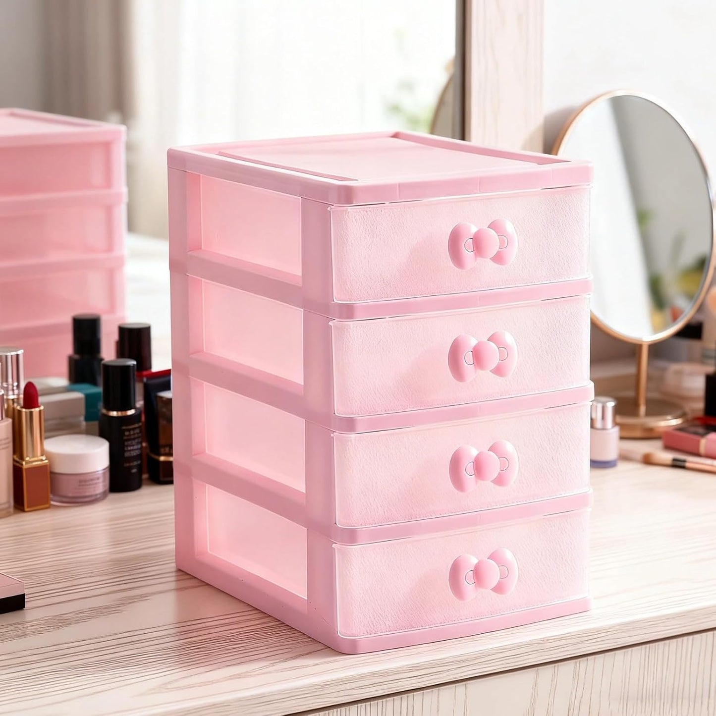 4-Layer Pink Desktop Drawer Organizer, Lovely Pink Storage Box 7.9x6.7x5.1 in, Multi-Layer Stackable Makeup Organizer with Transparent Panel, Bow Handles for Desk Organization