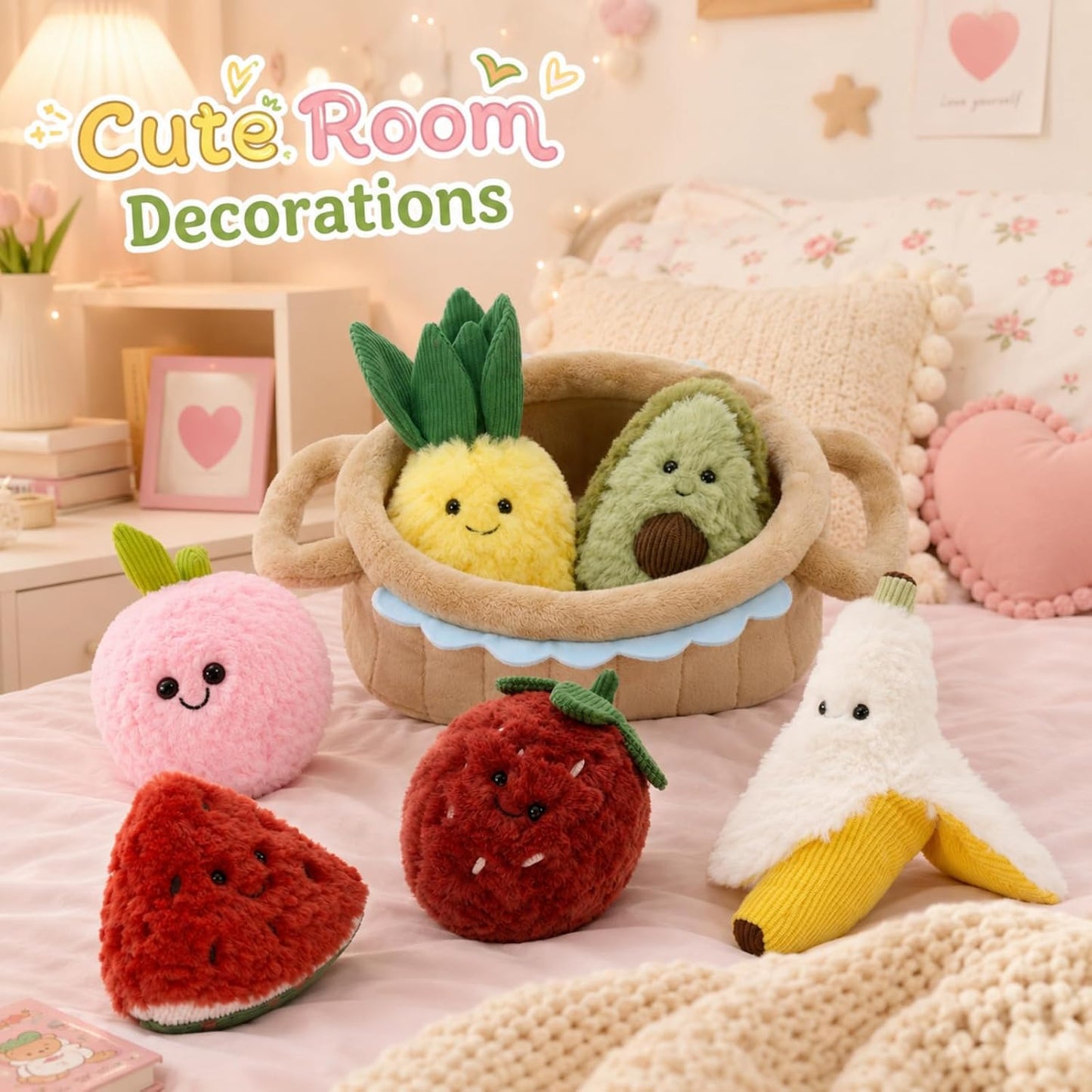 MorisMos 7Pcs Fruit Plush Toys Set, 6 Soft Stuffed Fruit Toys with Basket, Cute Pineapple Banana Strawberry Peach Watermelon Avocado Plushies for Pretend Play, Birthday for Girls Boys