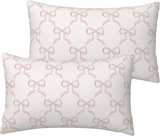 Pink Bow Pillow Covers Cream Ribbon Bow Decorative Throw Pillows Covers 12x20 Inch Set of 2 Bowknot Lumbar Pillow Cover Cushion Cover for Couch Sofa Bedroom