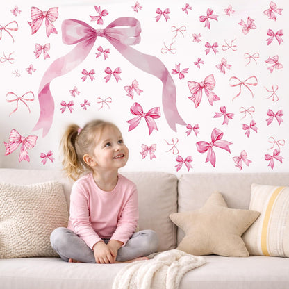 WallWhim Pink Bow Stickers for Kids Room, Bow Wall Decor Stickers for Teens Girls, 13 Sheets 72 Pcs UV PVC DIY Removable Stickers for Nursery, Bedroom, Classroom Decor