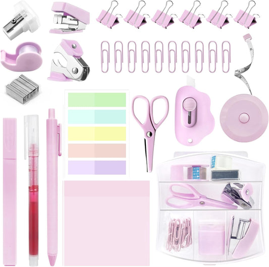 Mini School Supplies Kit, Pink Stapler with Staples and Tape Dispenser Set, Mini Stationary Set Includes Sticky Notes Index Tabs Highlighters Gel Pens for Office & Back to School Supplies