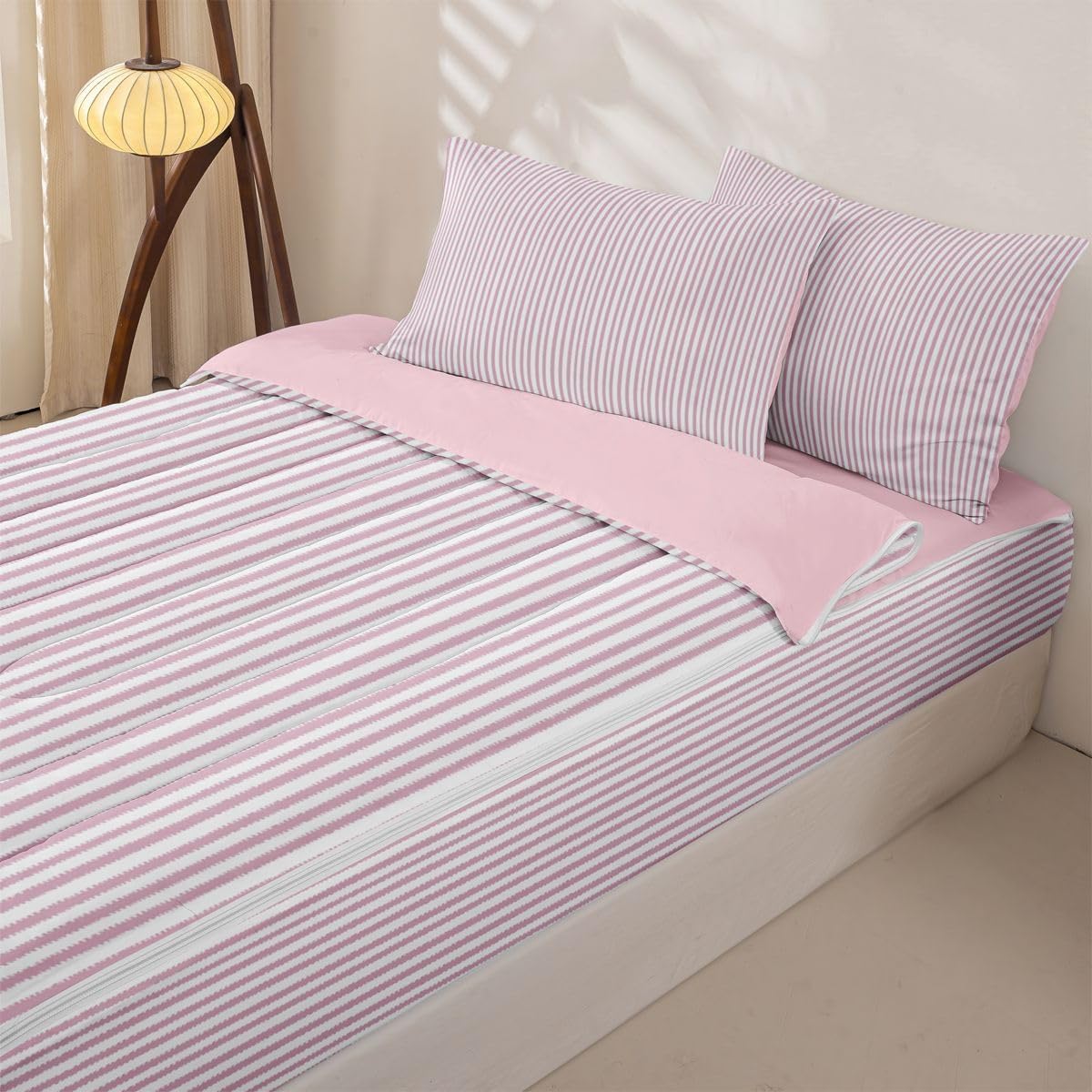 Erosebridal Abstract Striped Light Pink Zipper Comforter Set Full Lines Stripe Bedding Set with Comforters, Sheets, Pillowcases Pinstripe Bed in a Bag Modern Simple Style Bedroom Decor