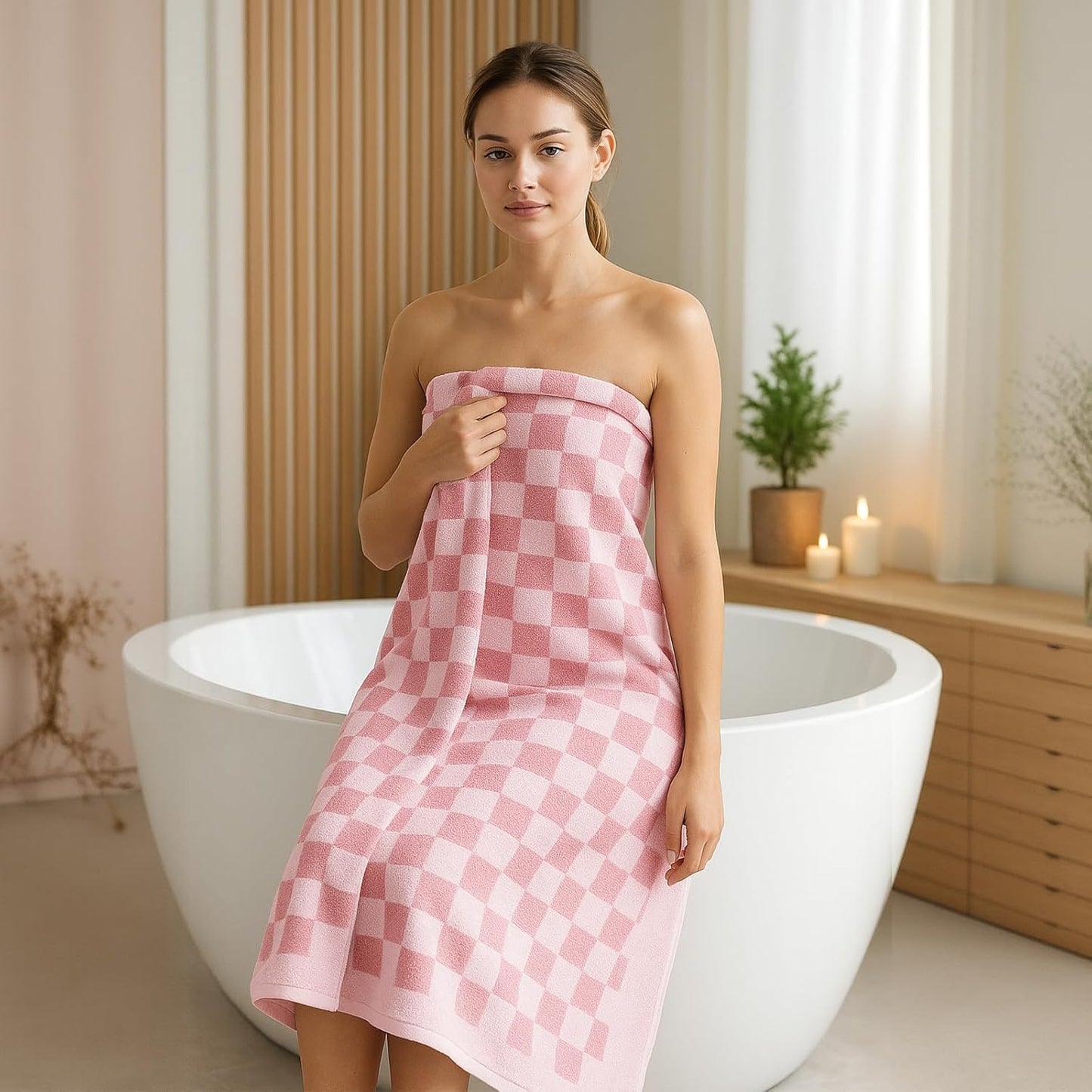 REDKISS 2 Piece Pink Checkered Bath Towels Set - 27”x55” Highly Absorbent 600GSM Pink Cotton Towels for Bathroom Decoration, Retro Checkered Design