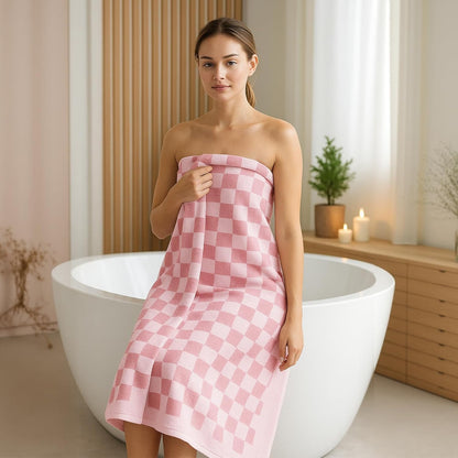 REDKISS 2 Piece Pink Checkered Bath Towels Set - 27”x55” Highly Absorbent 600GSM Pink Cotton Towels for Bathroom Decoration, Retro Checkered Design