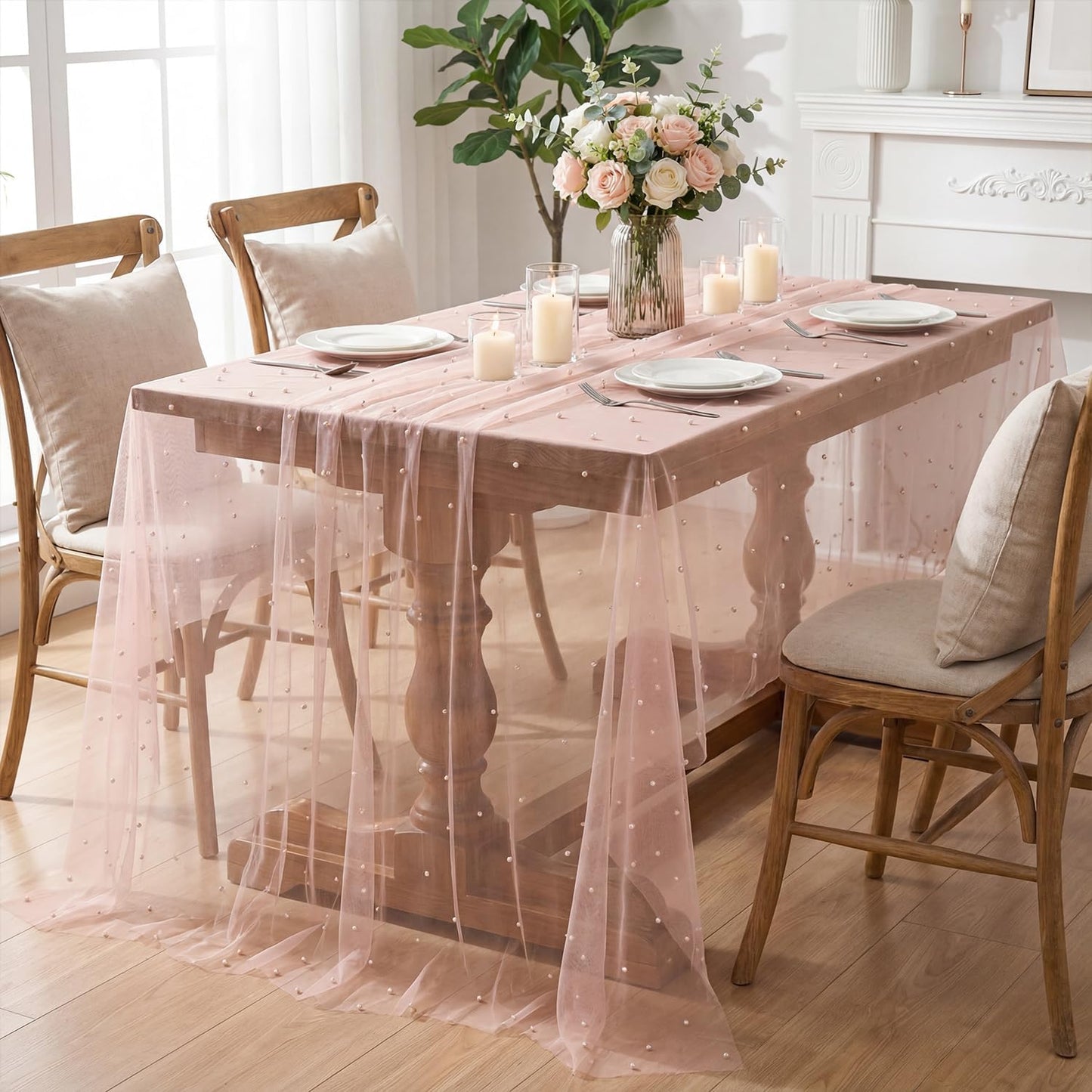 Horaldaily Pink Pearl Pink Gauze Tablecloth 60×84 Inch Rectangular, Spring Summer Tulle Lace Cheesecloth, Bridal Shower Table Cover for Wedding Birthday Table Decor