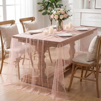 Horaldaily Pink Pearl Pink Gauze Tablecloth 60×84 Inch Rectangular, Spring Summer Tulle Lace Cheesecloth, Bridal Shower Table Cover for Wedding Birthday Table Decor