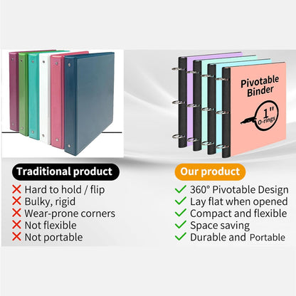 LETVPVOW 360° Pivotable 3 Ring Binder, Soft 1 inch Binders 3 Ring, Flexible Thin Soft Three Ring Binder Fits 8.5" x 11", for Home, School and Office-Pink