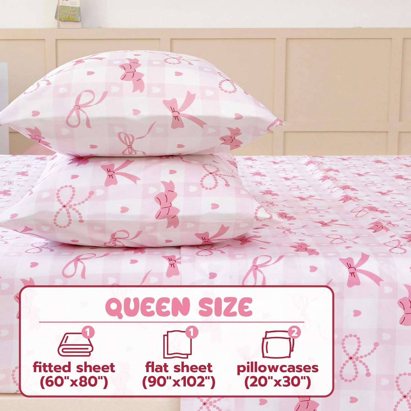 Queen Sheet Set Kids - Pink Check 4 Pieces Soft Microfiber Cartoon Style Bedsheets for Boys Girls Teens, Oeko TEX Breathable 15 Inch Deep Pocket Sheets(Pink Bow)