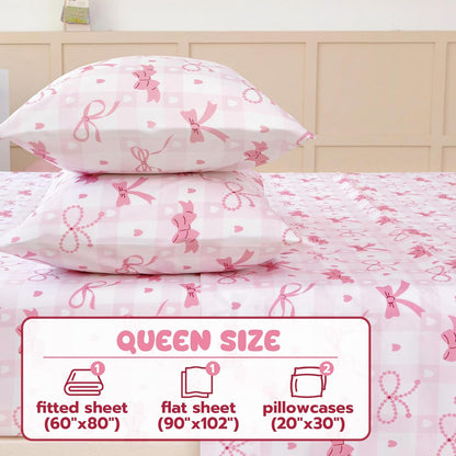 Queen Sheet Set Kids - Pink Check 4 Pieces Soft Microfiber Cartoon Style Bedsheets for Boys Girls Teens, Oeko TEX Breathable 15 Inch Deep Pocket Sheets(Pink Bow)
