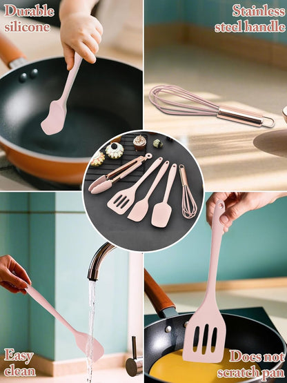Kitchen Utensil Set,5 Pcs Mini Silicone Cooking Utensils Sets,Heat Resistant Non Stick Kitchens Gadgets BPA-Free Spatula Set,Kitchen Set for Cooking(Pink)