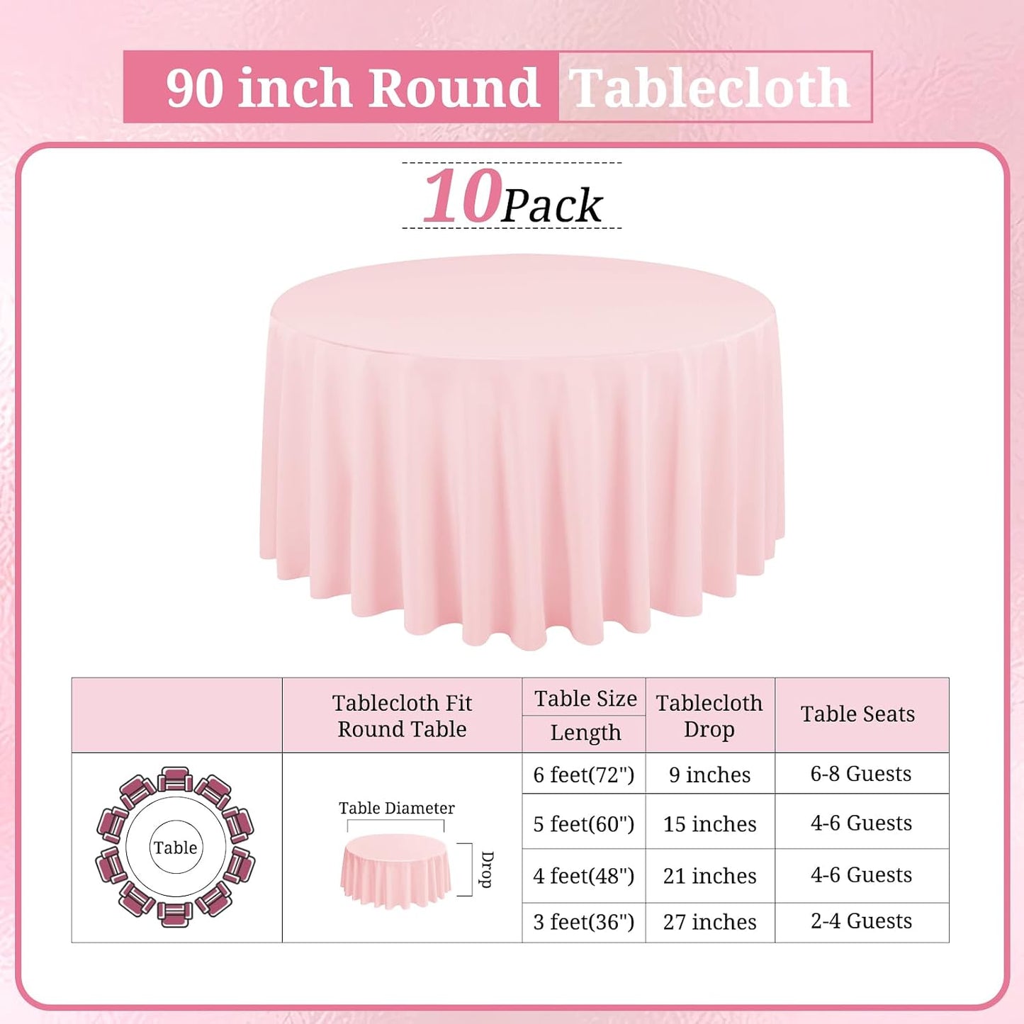 10 Pack Pink Round Tablecloths - 90 Inch, Polyester Table Cover, Stain and Wrinkle Resistant Washable Fabric, Perfect for Wedding Banquet Parties