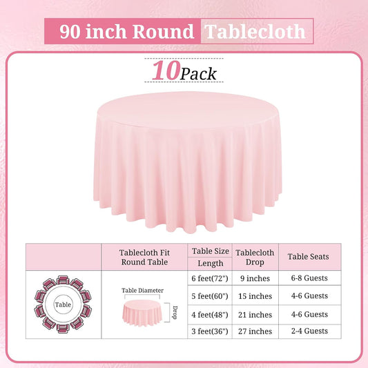 10 Pack Pink Round Tablecloths - 90 Inch, Polyester Table Cover, Stain and Wrinkle Resistant Washable Fabric, Perfect for Wedding Banquet Parties