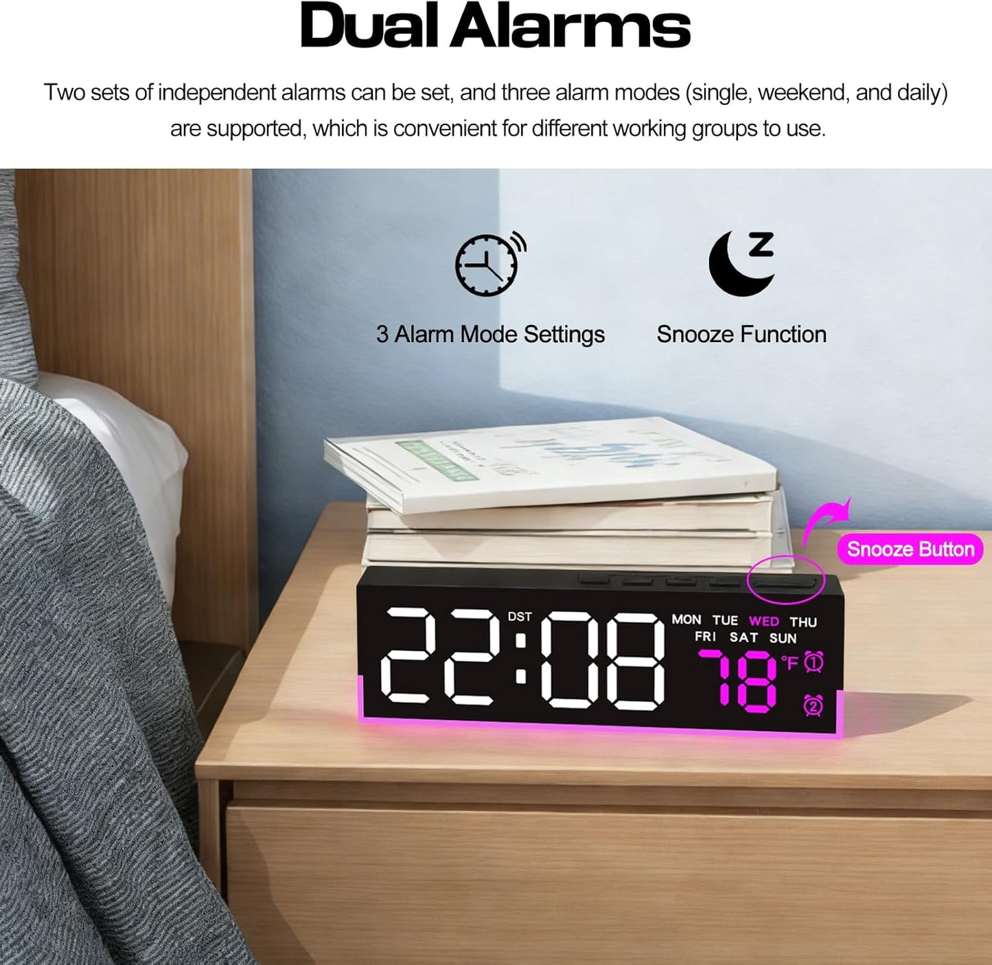 Digital Alarm Clocks for Bedrooms with Light, 7 Inch Small Digital Clock, Bedside Digital Clock with LED Display, Loud Alarm Clock for Heavy Sleepers Adults, Teens, Kids - Ideal Gift