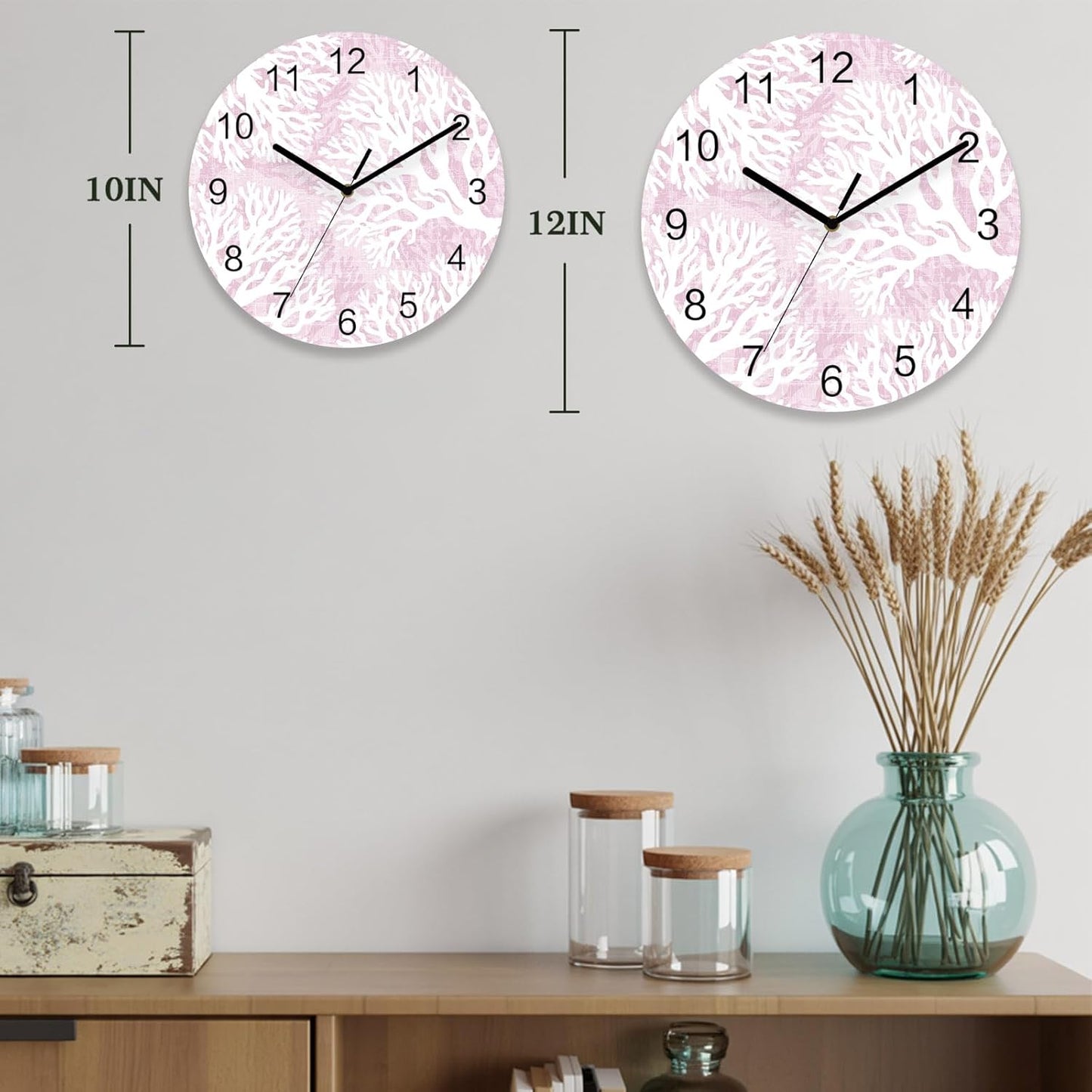 Coral Wall Clock Battery Operated Non-Ticking 10" Round Wood Clocks, Ocean Coral Coastal Pink Kitchen Wall Clock for School Bathroom Living Room Home Office Wall Decor
