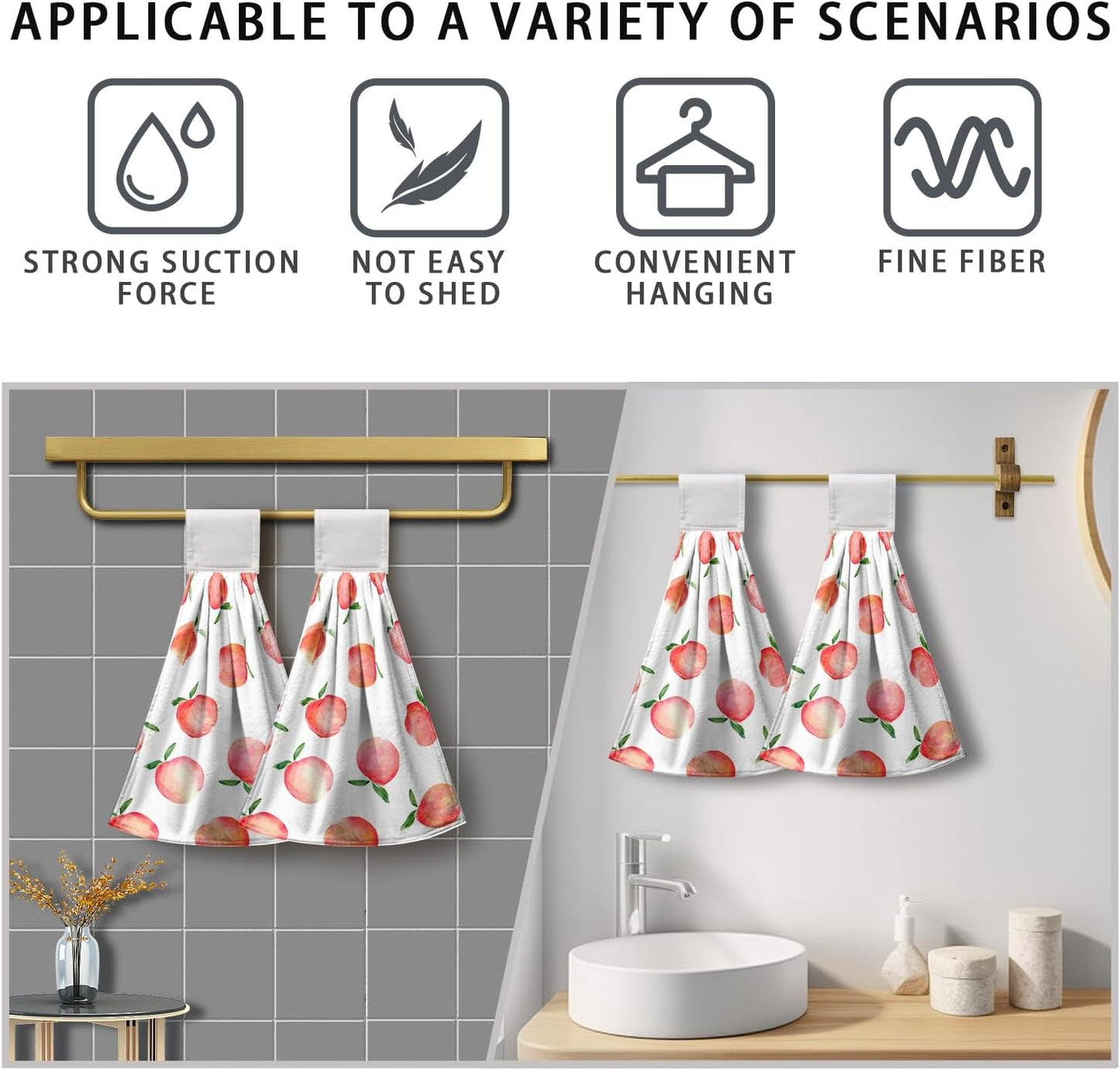 Peach Hanging Kitchen Towel Set of 2 Spring Summer Pink Fruit Hand Towels with Loop Decorative Tie Towels Soft Absorbent Hanging Dish Towel for Bathroom Kitchen Home Decor 17 * 12 Inch