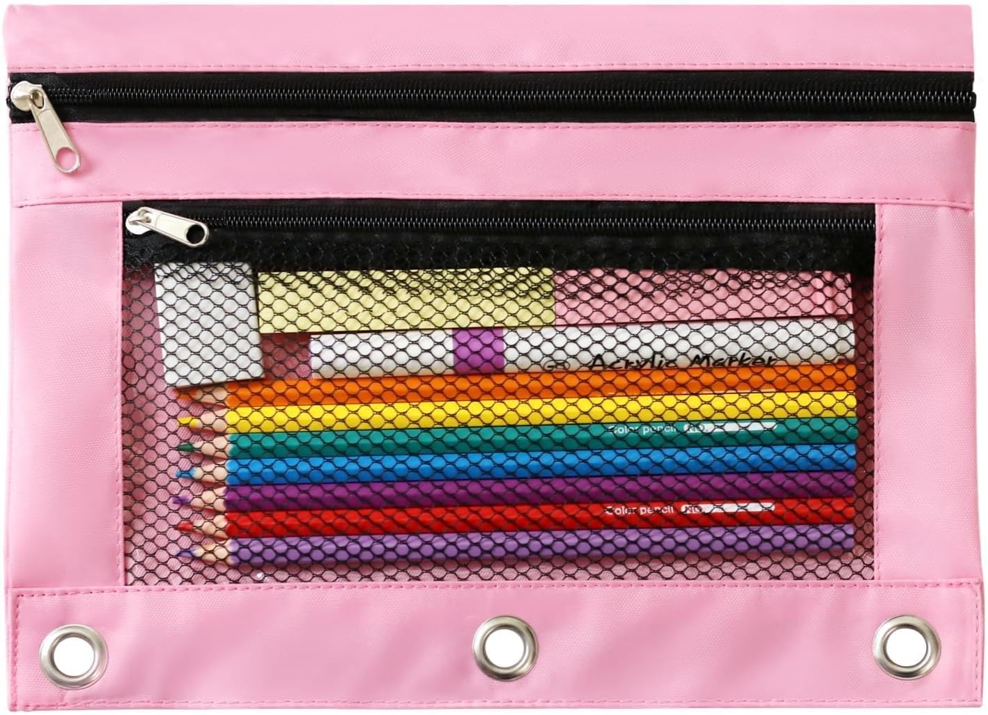 3 Ring Binder Pencil Pouch - Oxford Fabric Pencil Case with 2 Zippered Pockets, Clear Mesh Window Pencil Bag, B5 Size for Office & Travel Supplies (Pink)