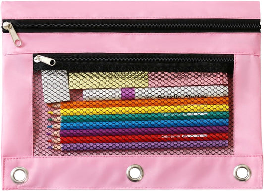 3 Ring Binder Pencil Pouch - Oxford Fabric Pencil Case with 2 Zippered Pockets, Clear Mesh Window Pencil Bag, B5 Size for Office & Travel Supplies (Pink)