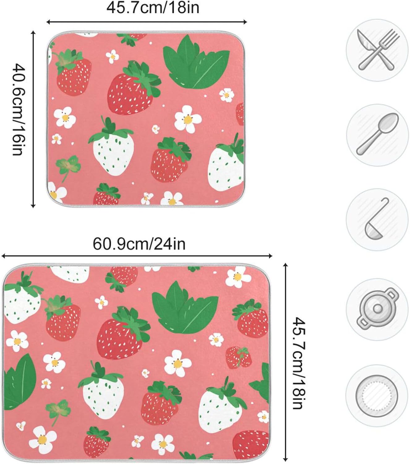 Dish Drying Mat 16x18 For Kitchen Counter Cute Strawberry Pink Green Absorbent Dishes Drainer Rack Mats Microfiber Reversible Dish Drying Pad Fast Dry Kitchen Accessories